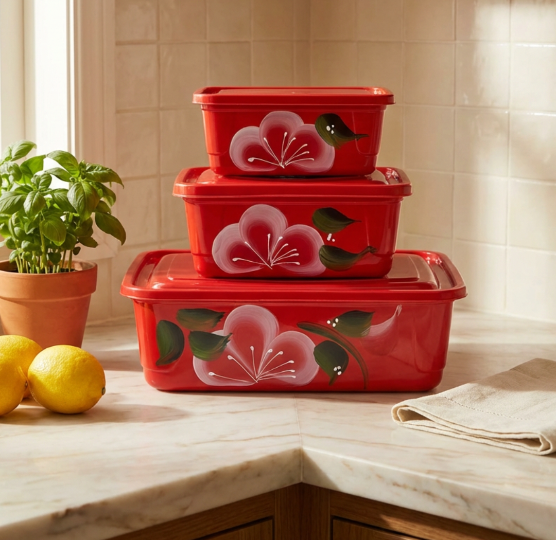 Kit de potes vermelhos Easyplast com estampa floral em bancada de cozinha
