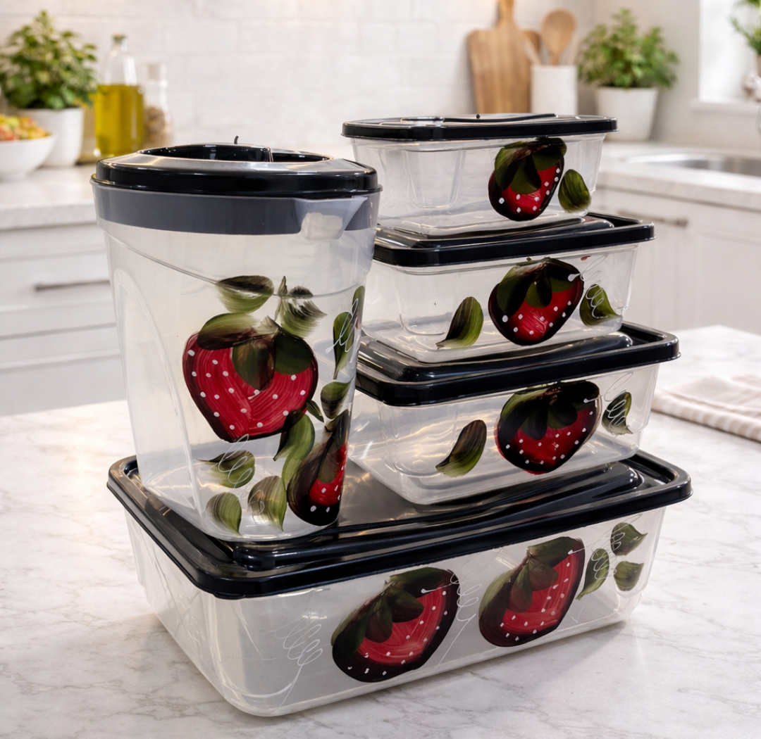 Kit de potes Easyplast com estampa de morangos sobre bancada de cozinha