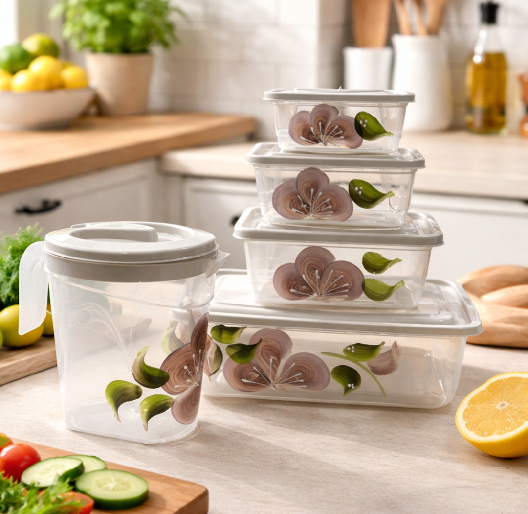 Kit de potes Easyplast com estampa floral sobre bancada de cozinha